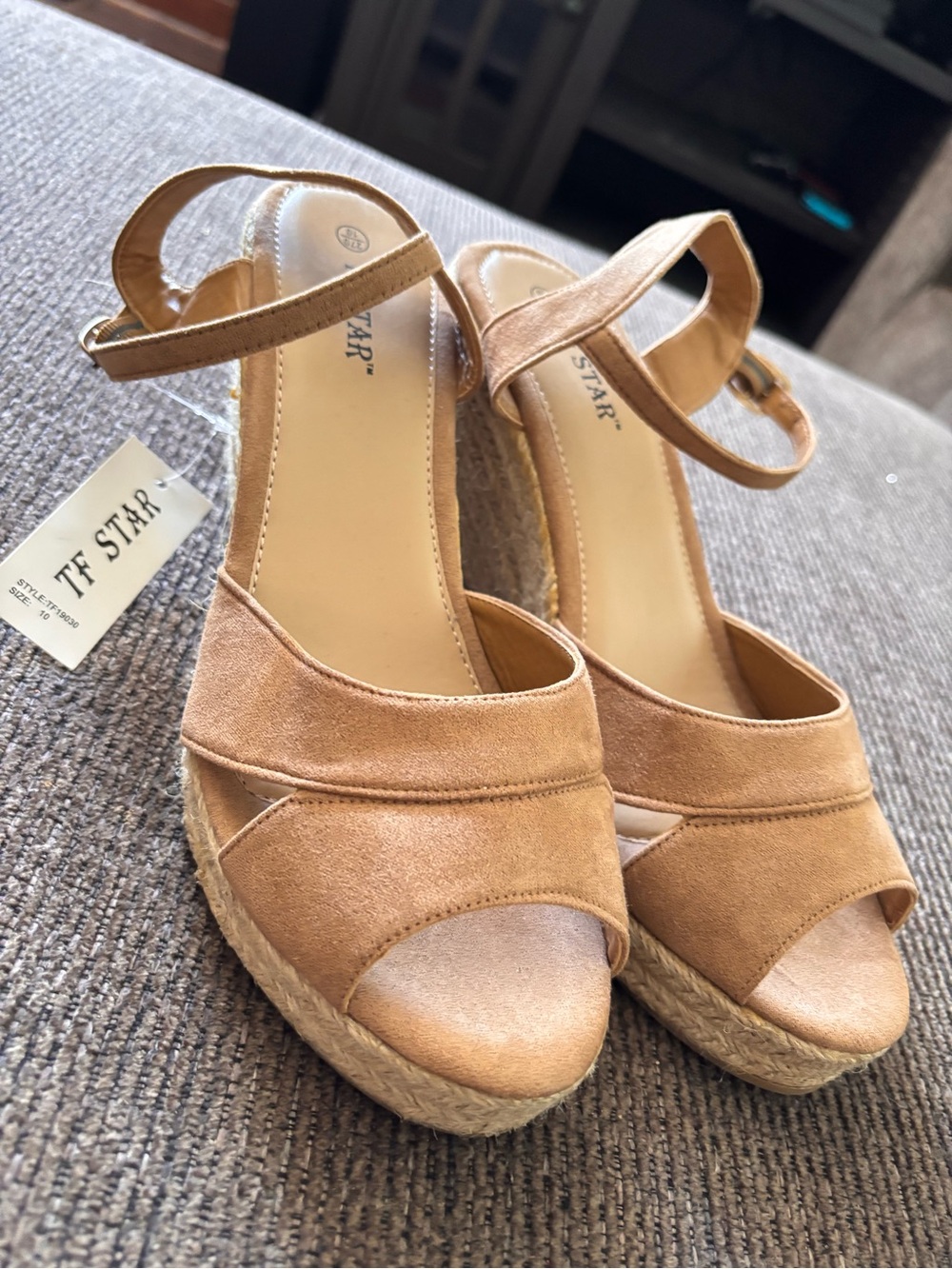 Women's Tan Espadrille Wedge Sandals with Ankle Strap